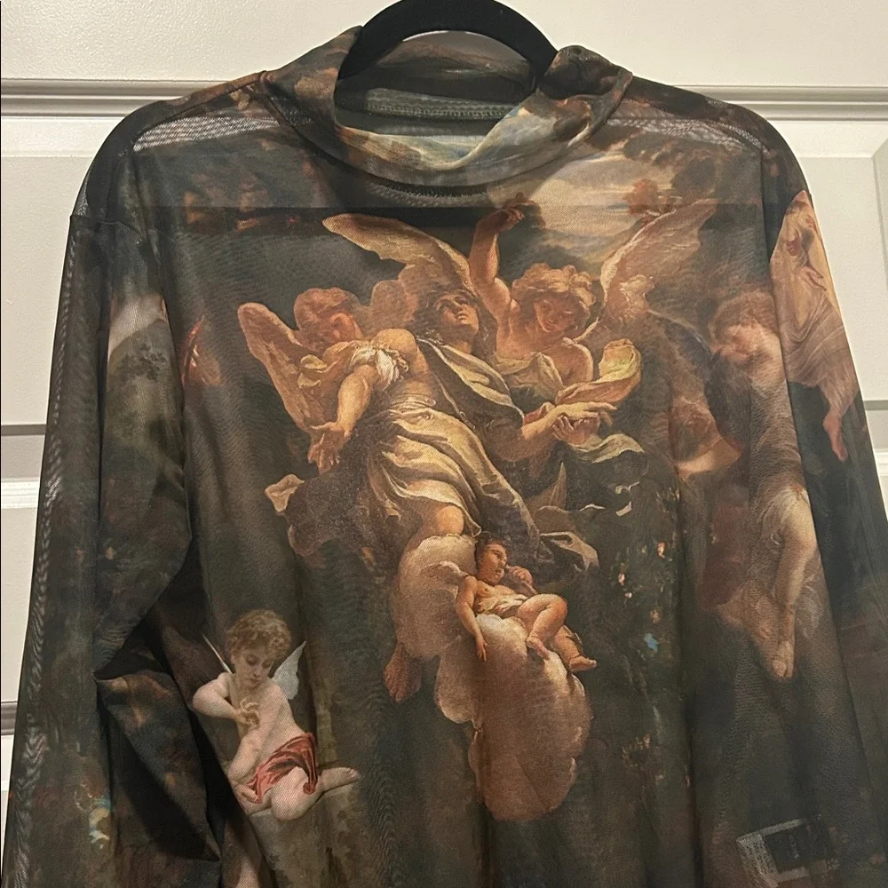 Sheer Renaissance Print Long Sleeve Top - Angelic Scene - Picture 3 of 3